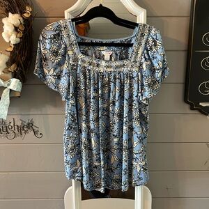 intro. Blue Floral Square-Neck Puff Sleeve Blouse